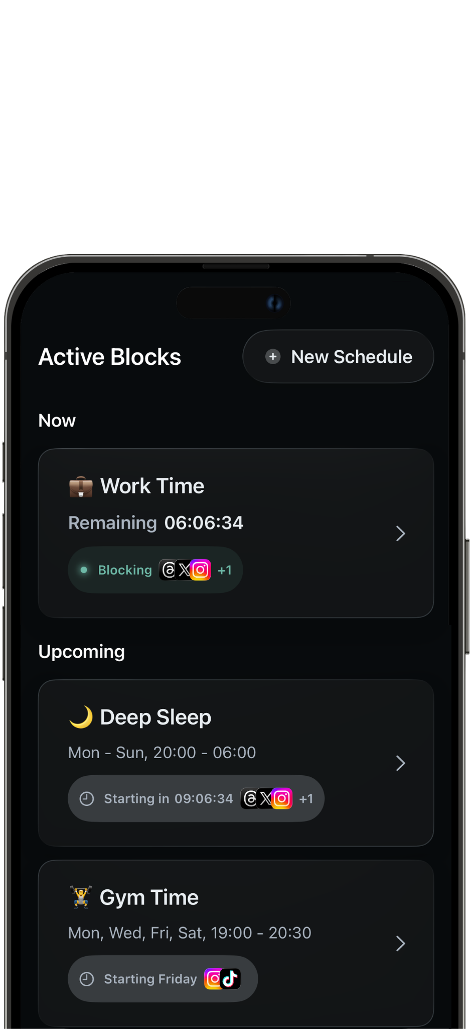 Custom app-blocking schedules in Disconnect: Work Time active, Deep Sleep and Gym Time upcoming
