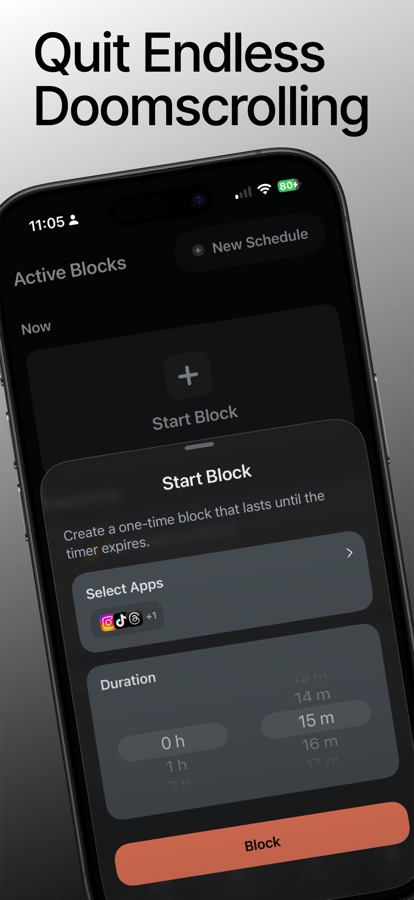 Starting a one-time block: select Instagram and TikTok, pick 15 minutes, tap Block